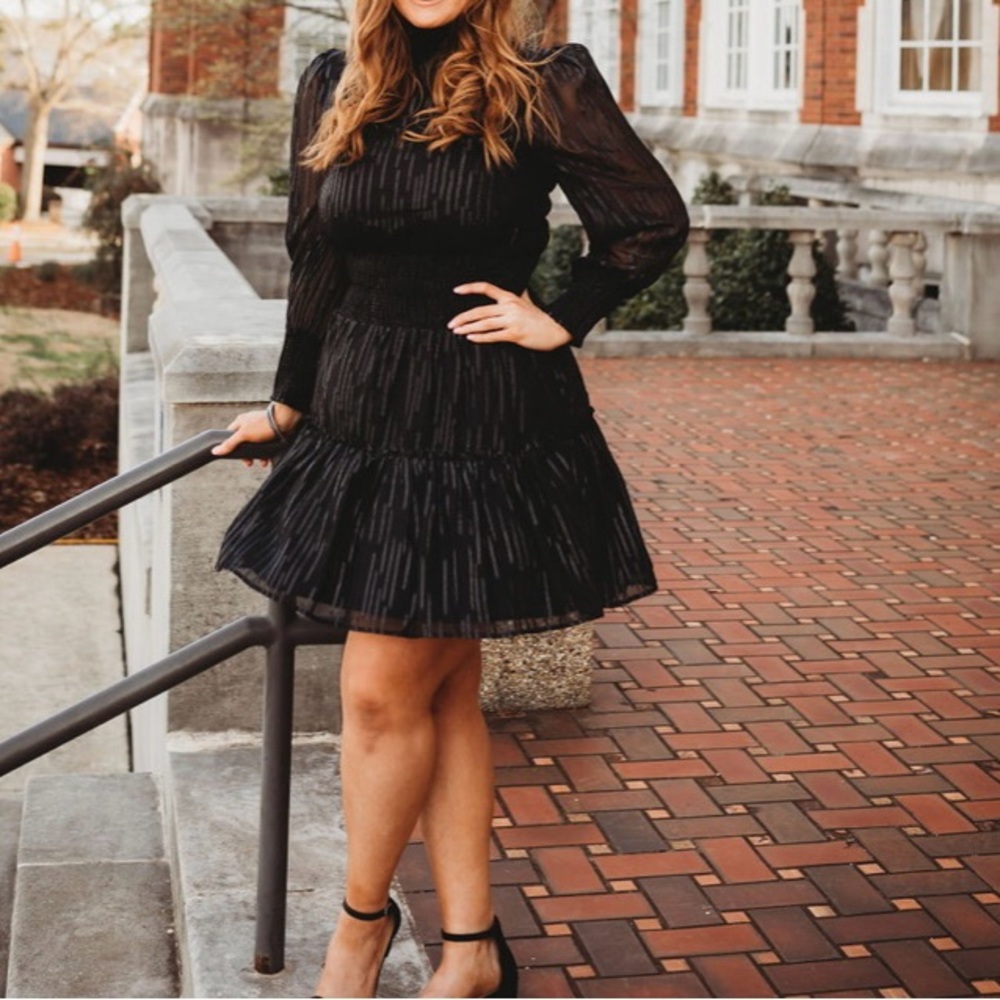 Long Sleeve Black Dress high neck long balloon sleeves cinched waistband